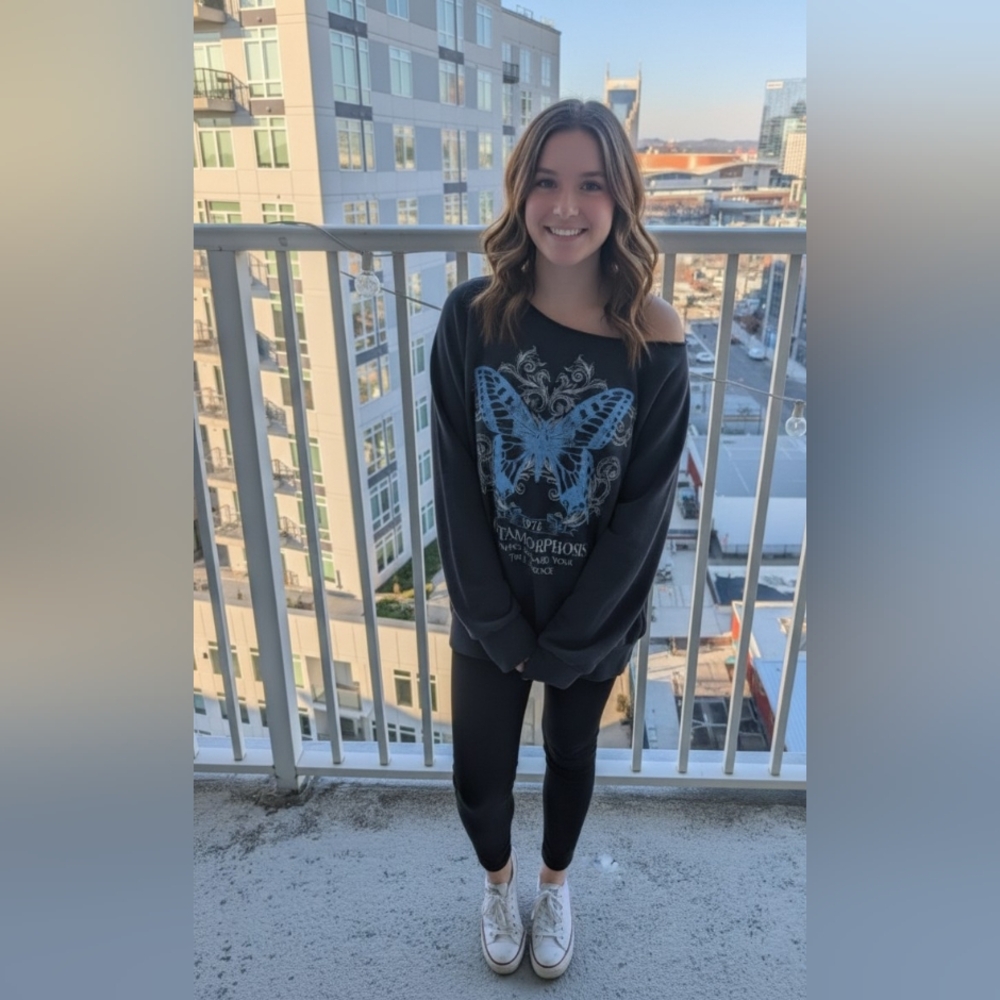 Arizona Jean Company, Dark Grey Off-Shoulder Butterfly Sweatshirt, Size Large